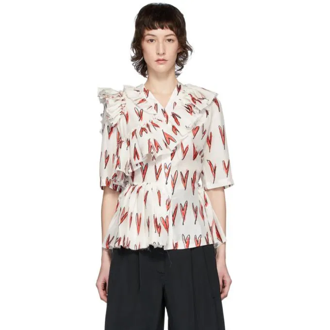 Charles Jeffrey Loverboy White and Red Silk Rofl Heart Print Blouse