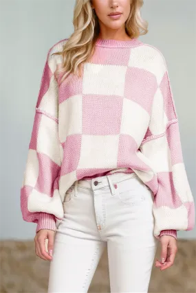 Checkered Bishop Sleeve Sweater in Pink