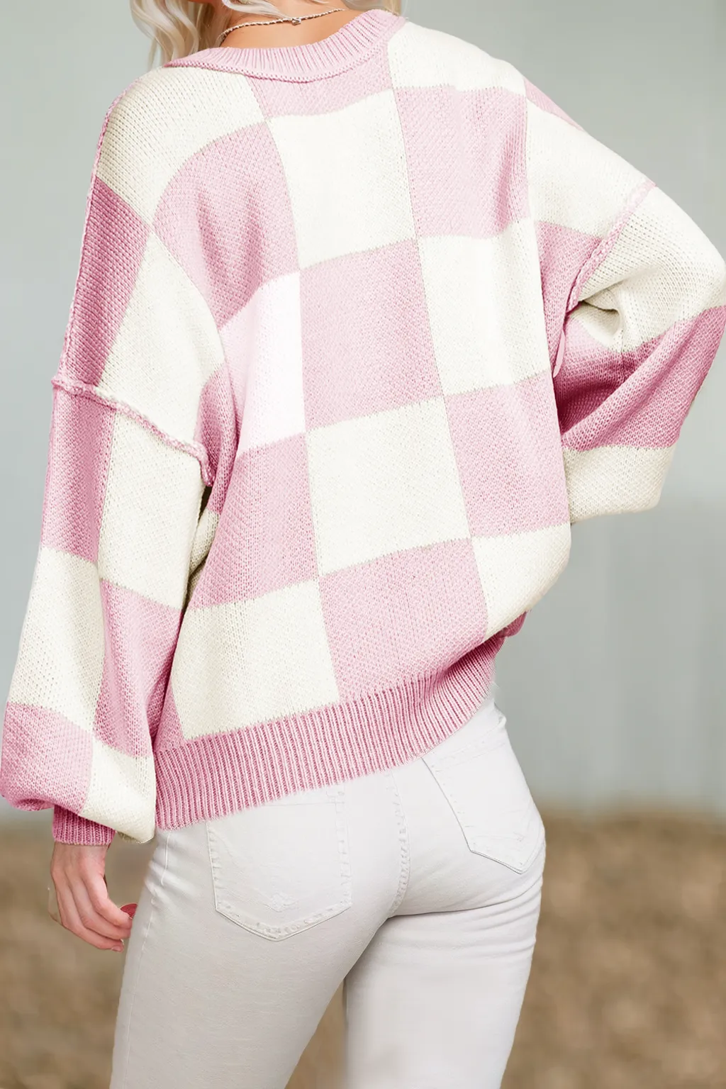 Checkered Bishop Sleeve Sweater in Pink
