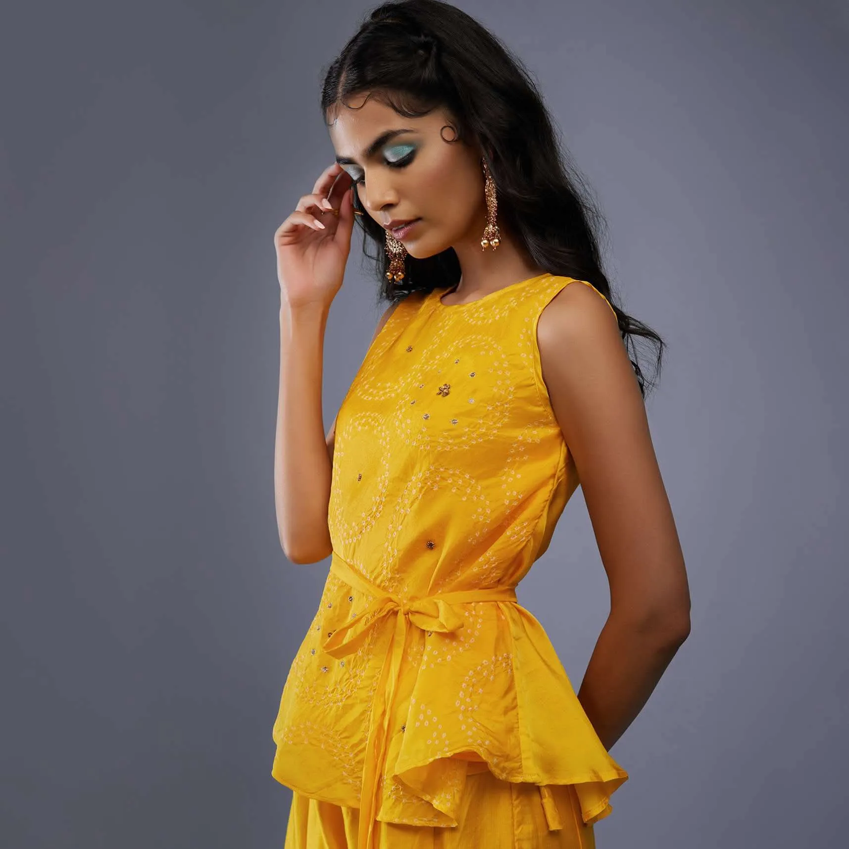 Cyber Yellow Bandhani Print Peplum Top With Yellow Tie-Dye Palazzo