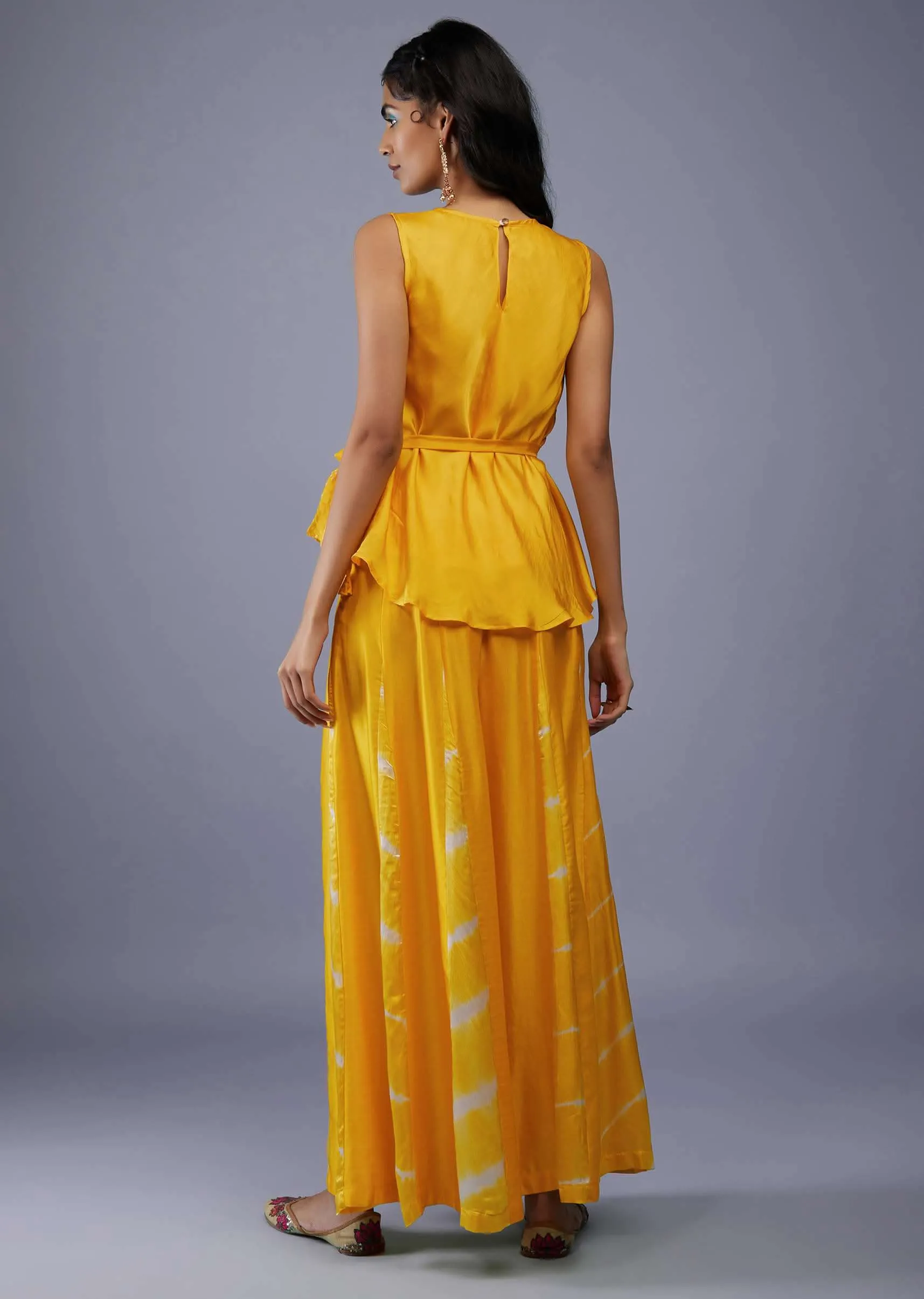 Cyber Yellow Bandhani Print Peplum Top With Yellow Tie-Dye Palazzo
