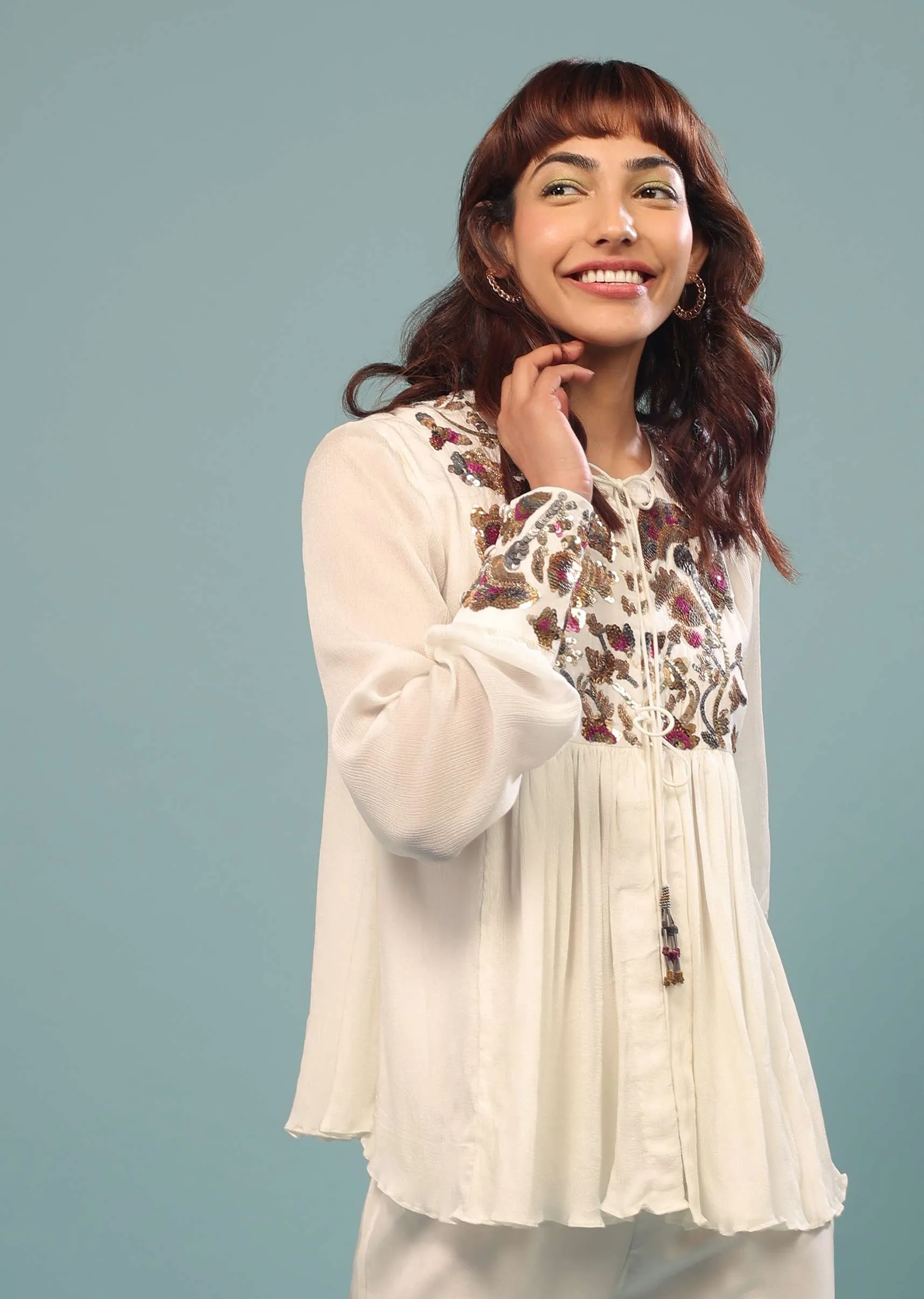 Daisy White Embroidered Co ord Set In Georgette