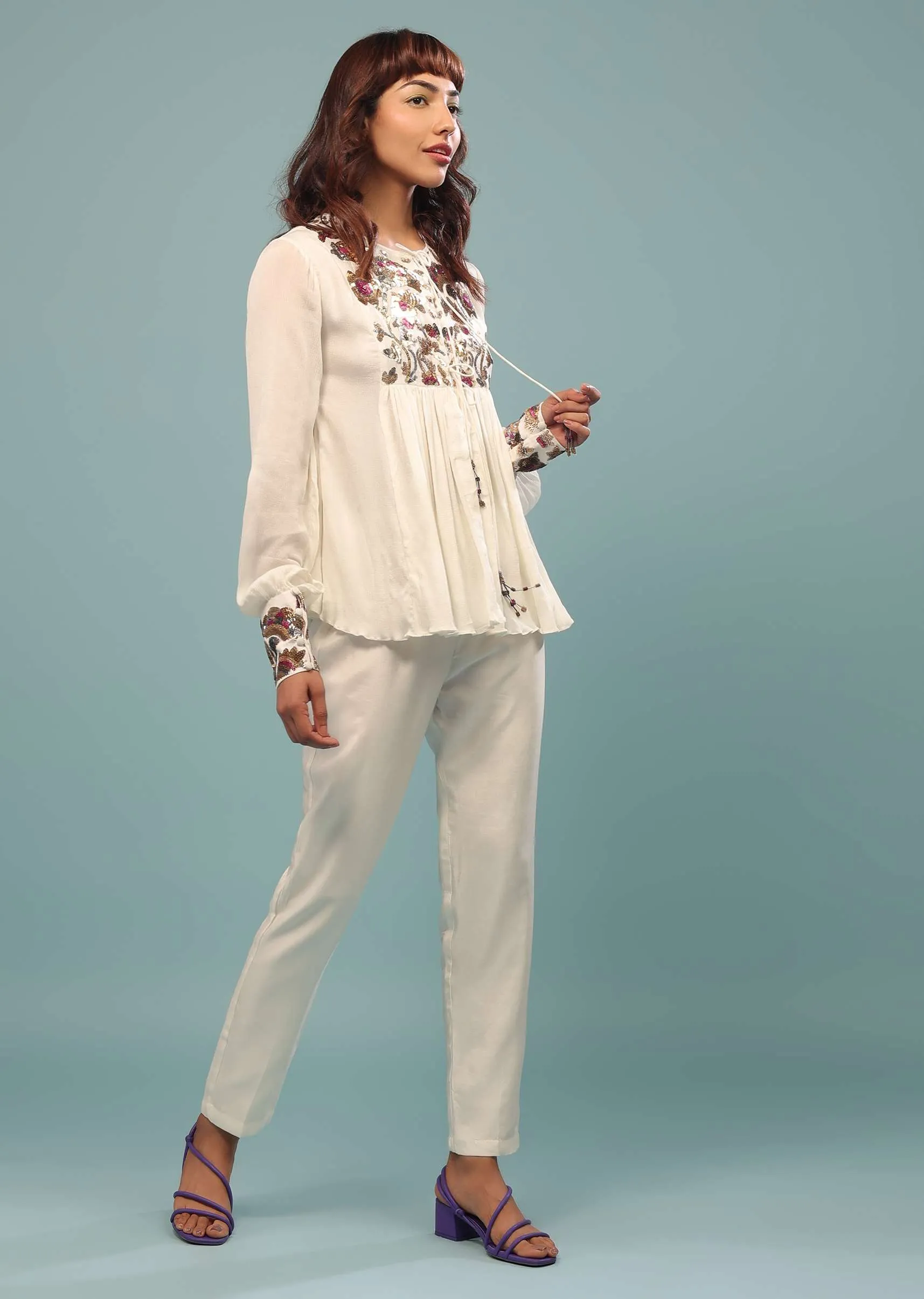 Daisy White Embroidered Co ord Set In Georgette