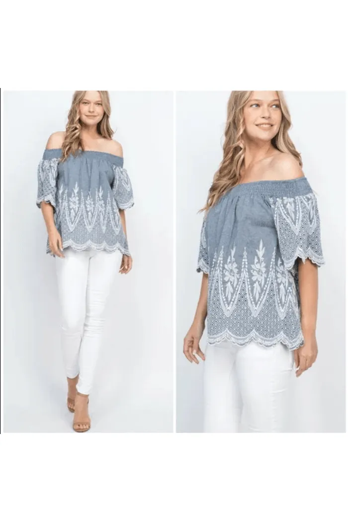 Denim color off shoulder embroidered top