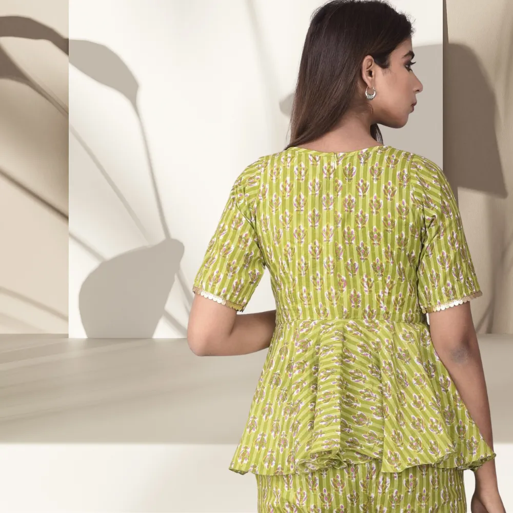 Floral Peplum Top | Block Print | Handcrafted | Day Wear | Green And Pink