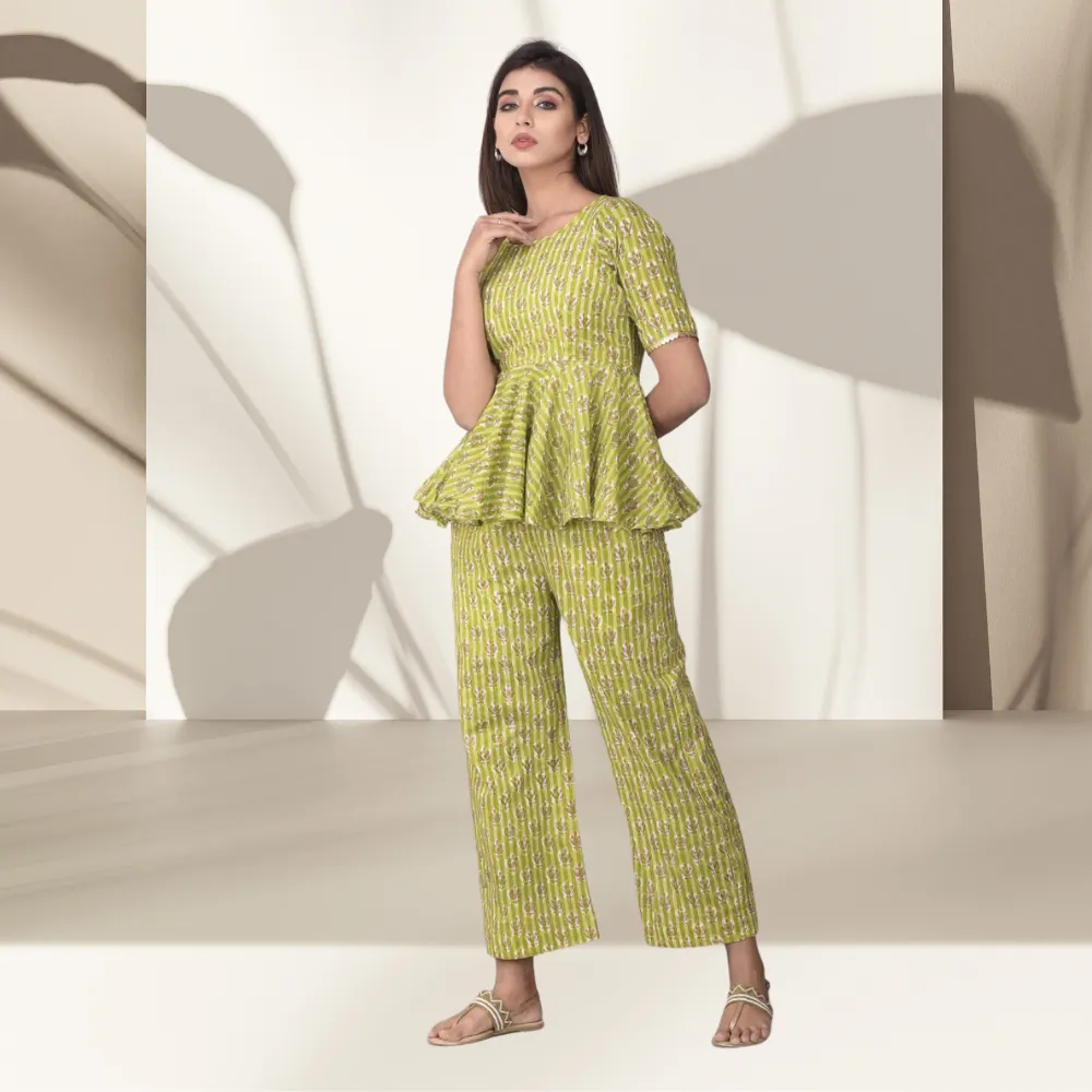 Floral Peplum Top | Block Print | Handcrafted | Day Wear | Green And Pink