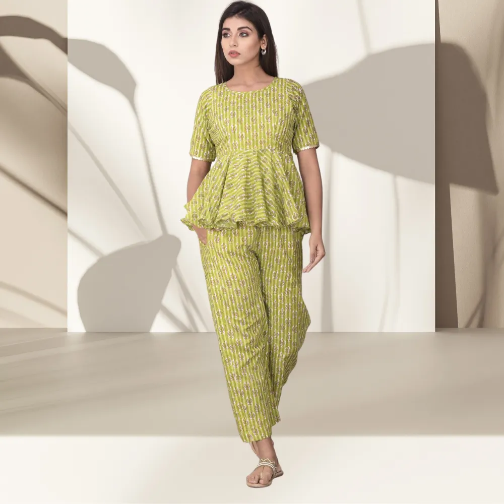 Floral Peplum Top | Block Print | Handcrafted | Day Wear | Green And Pink