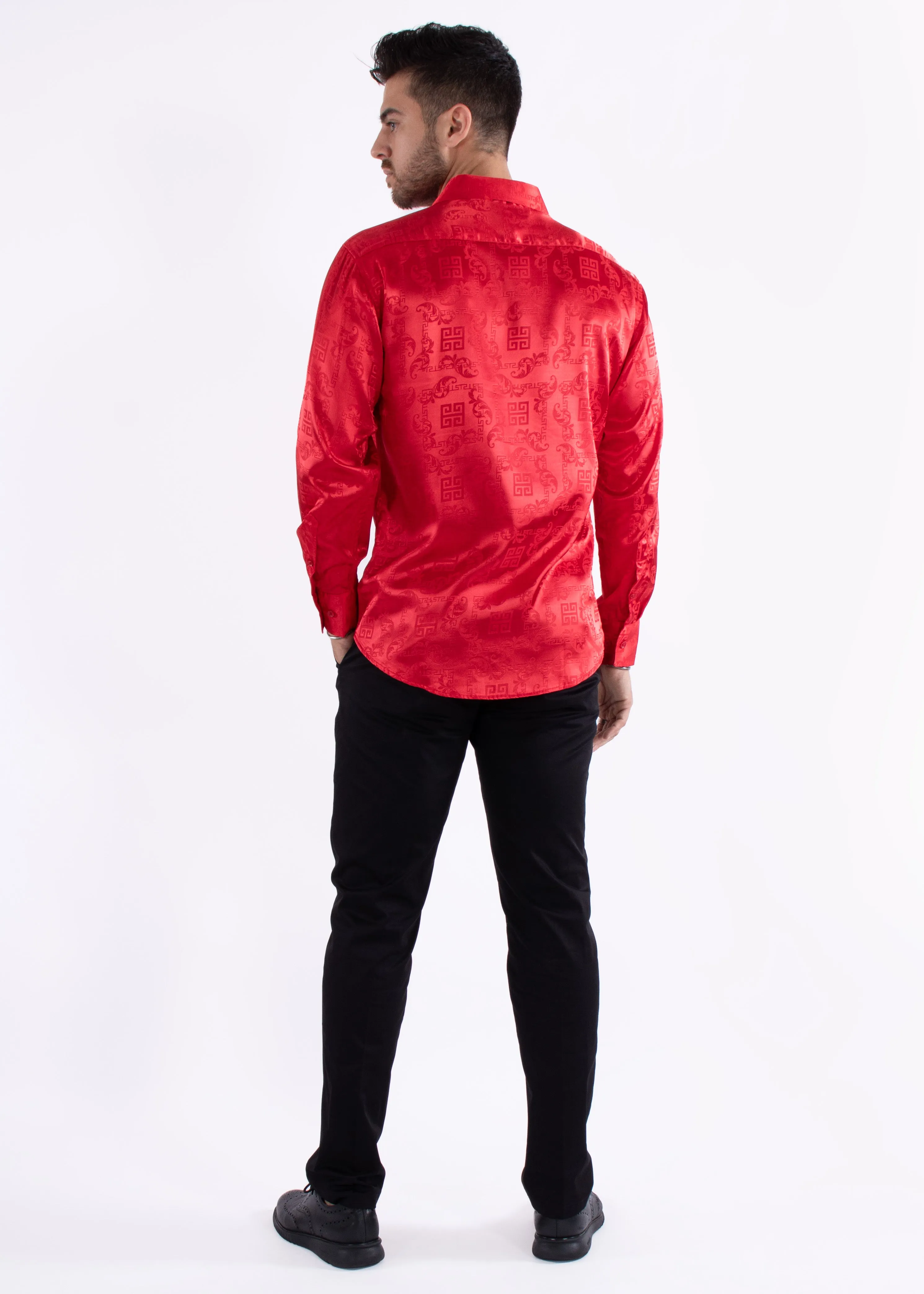 Greek Key Long Sleeve Dress Shirt Red Shine