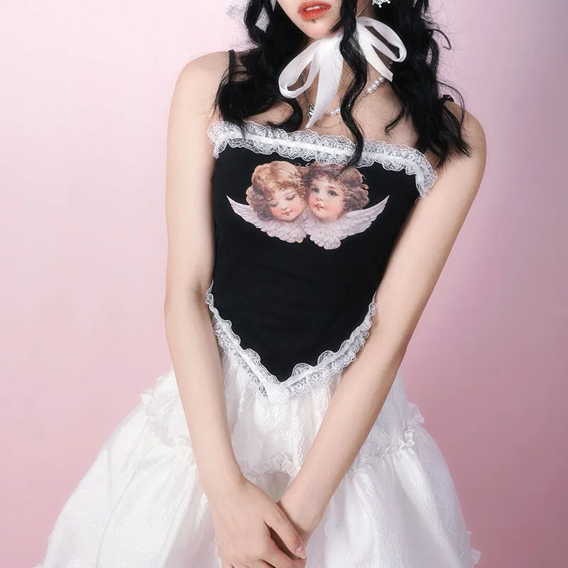 Harajuku Angel Twins Lace Trim Ruffle Irregular Crop Top