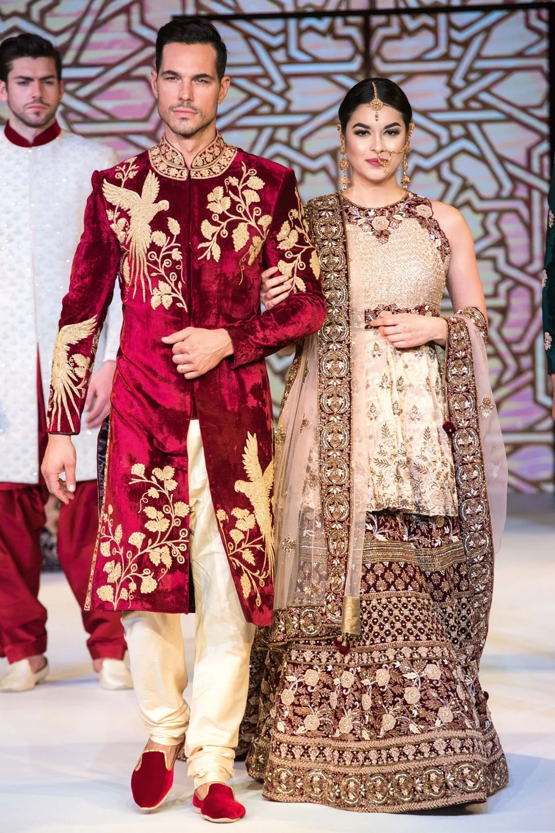 Maroon & Gold Bride-Groom Sherwani and Lehenga