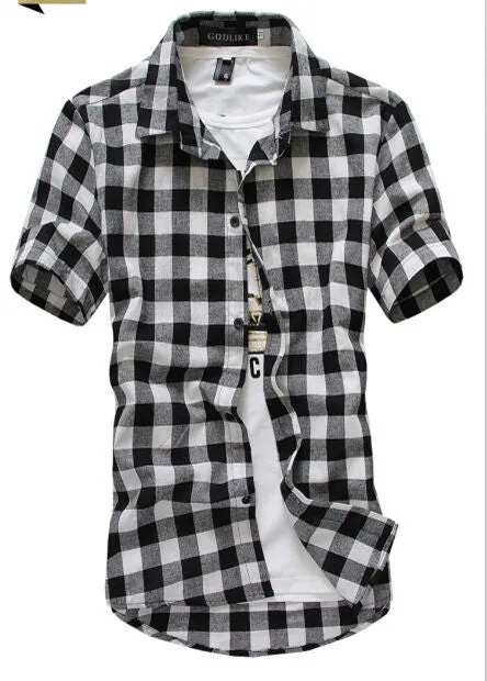 Mens Summer Casual Short sleeve Navy and Green Plaid shirts
