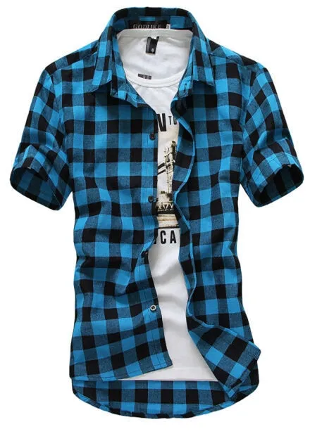Mens Summer Casual Short sleeve Navy and Green Plaid shirts