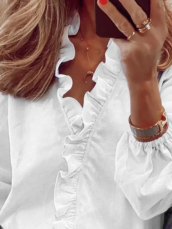 Puff Sleeves Falbala Solid Color V-Neck Blouses L 108782