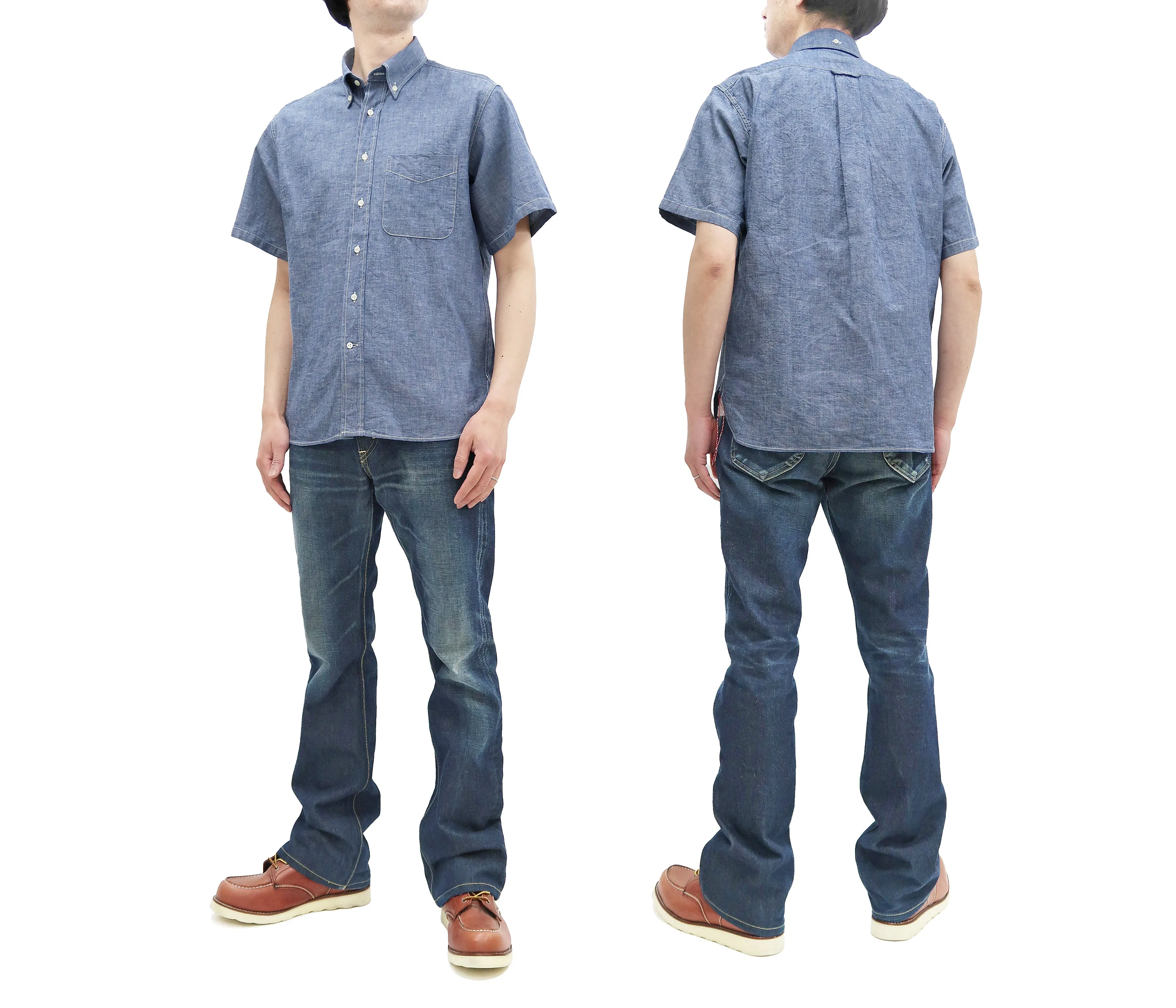 Sugar Cane Plain Chambray Shirt Men's Relaxed Fit Button-Down Collar Short Sleeve Casual Shirt SC38903 421 Blue One-Wash