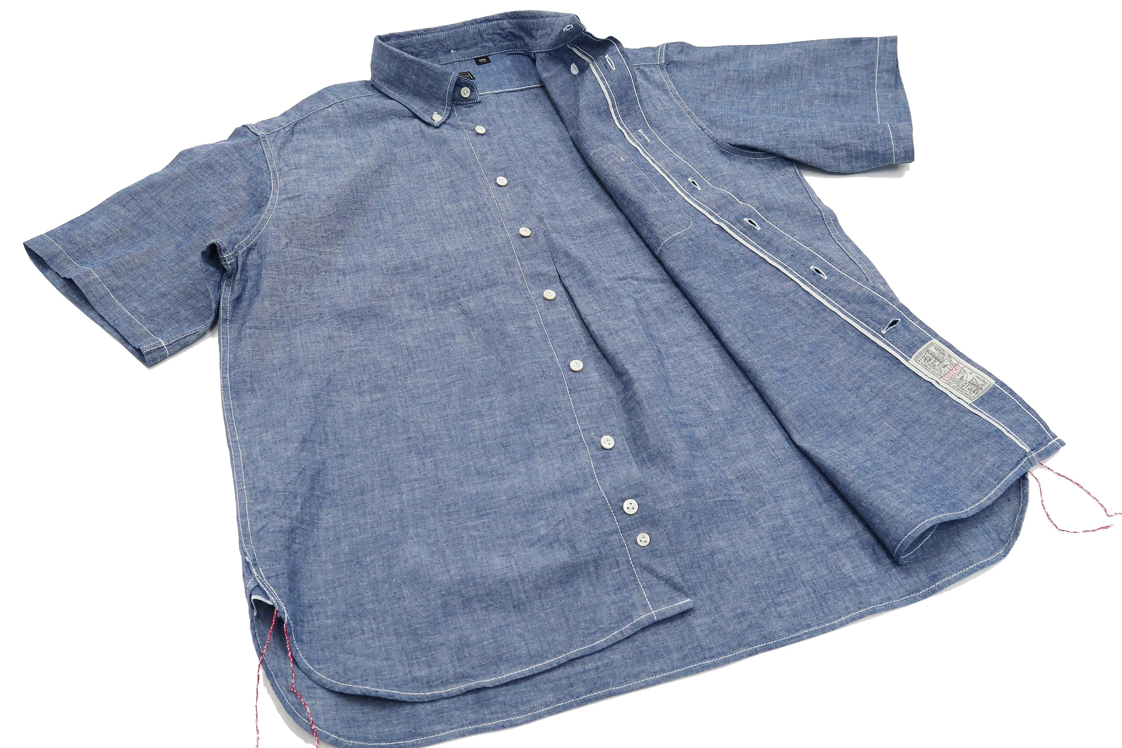 Sugar Cane Plain Chambray Shirt Men's Relaxed Fit Button-Down Collar Short Sleeve Casual Shirt SC38903 421 Blue One-Wash