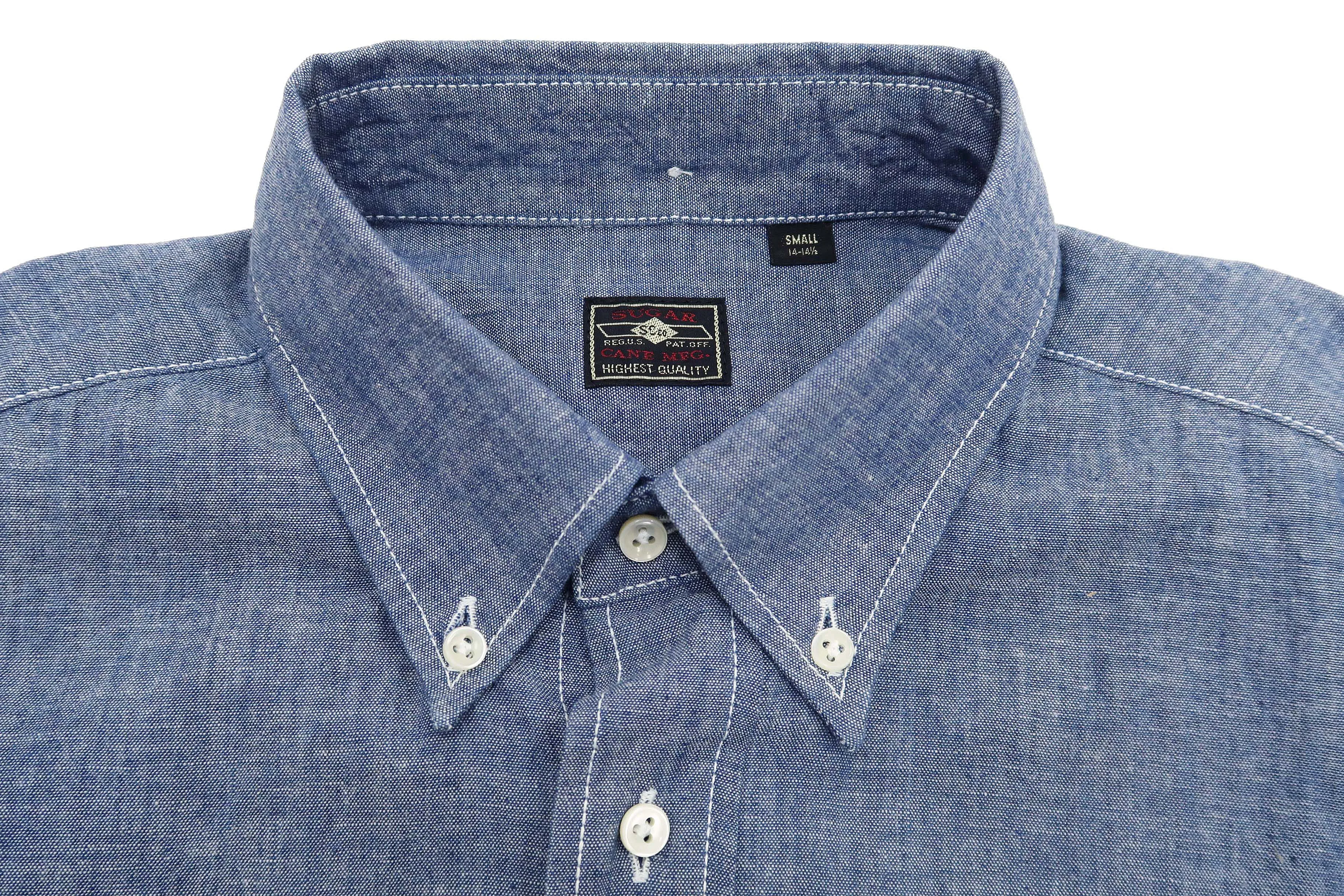 Sugar Cane Plain Chambray Shirt Men's Relaxed Fit Button-Down Collar Short Sleeve Casual Shirt SC38903 421 Blue One-Wash