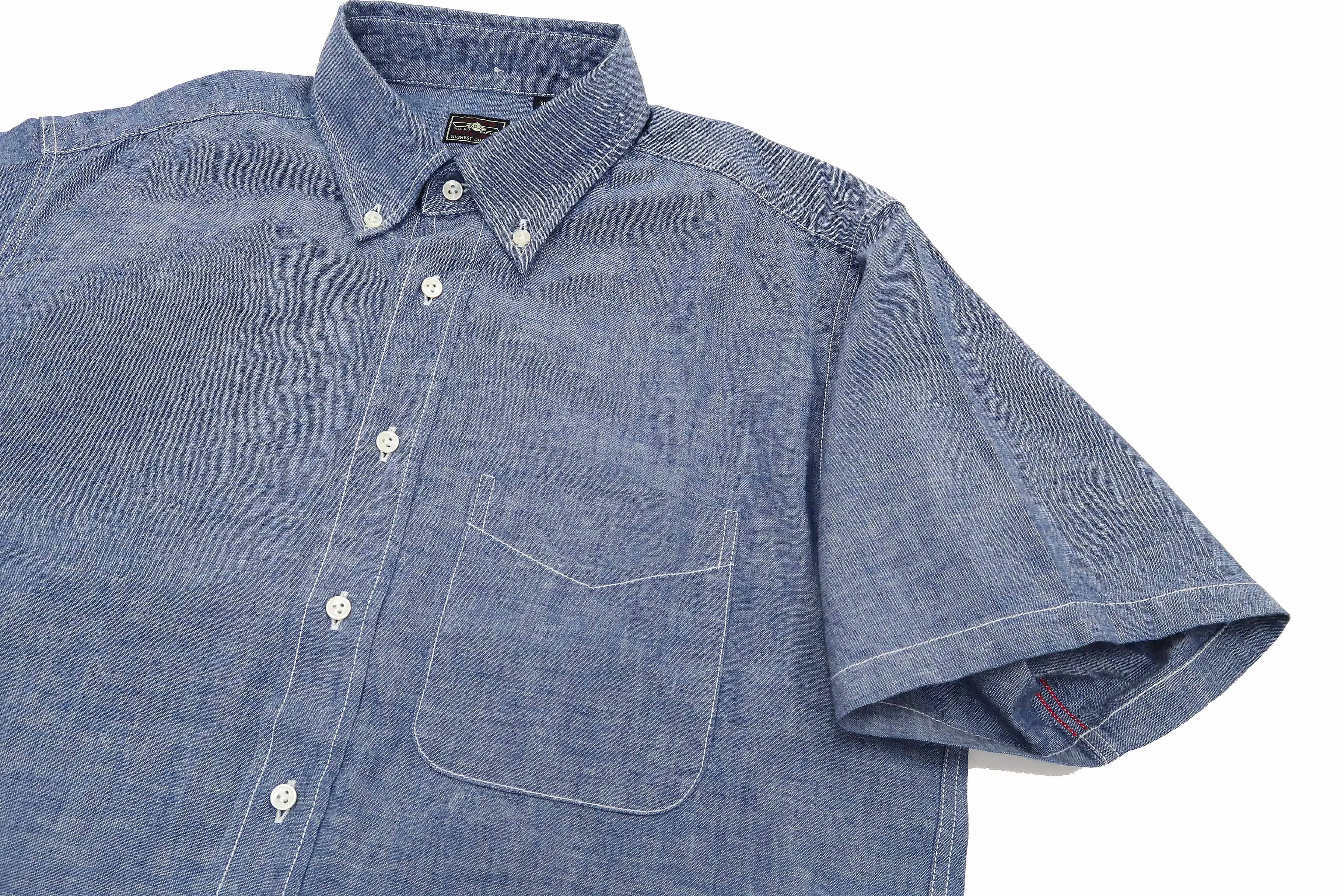 Sugar Cane Plain Chambray Shirt Men's Relaxed Fit Button-Down Collar Short Sleeve Casual Shirt SC38903 421 Blue One-Wash