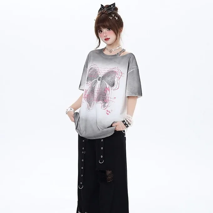 Summer Sweet Dopamine Style Pink Bow Print T-shirt