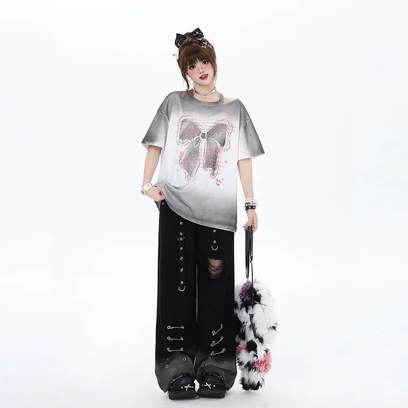 Summer Sweet Dopamine Style Pink Bow Print T-shirt