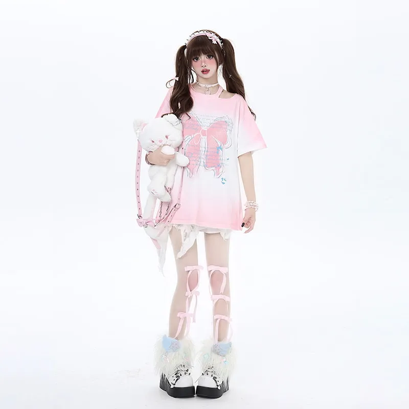 Summer Sweet Dopamine Style Pink Bow Print T-shirt