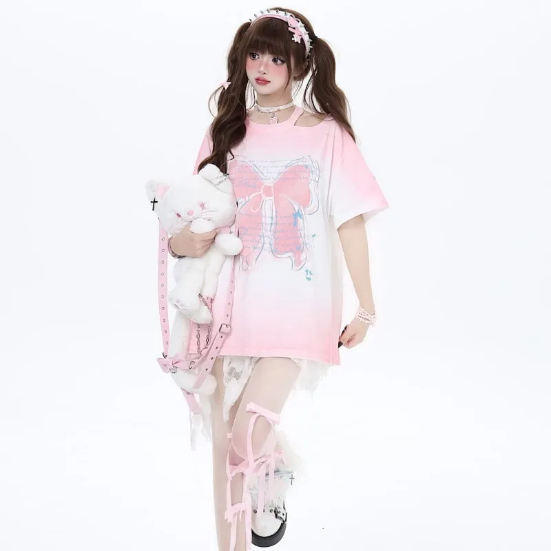 Summer Sweet Dopamine Style Pink Bow Print T-shirt