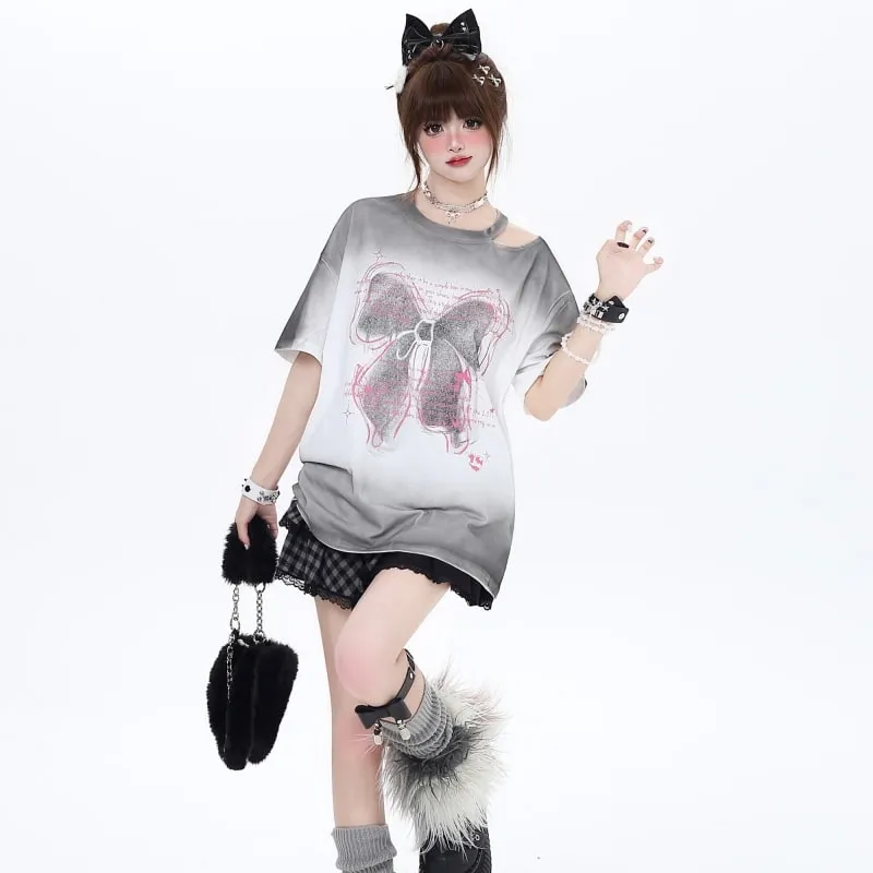 Summer Sweet Dopamine Style Pink Bow Print T-shirt