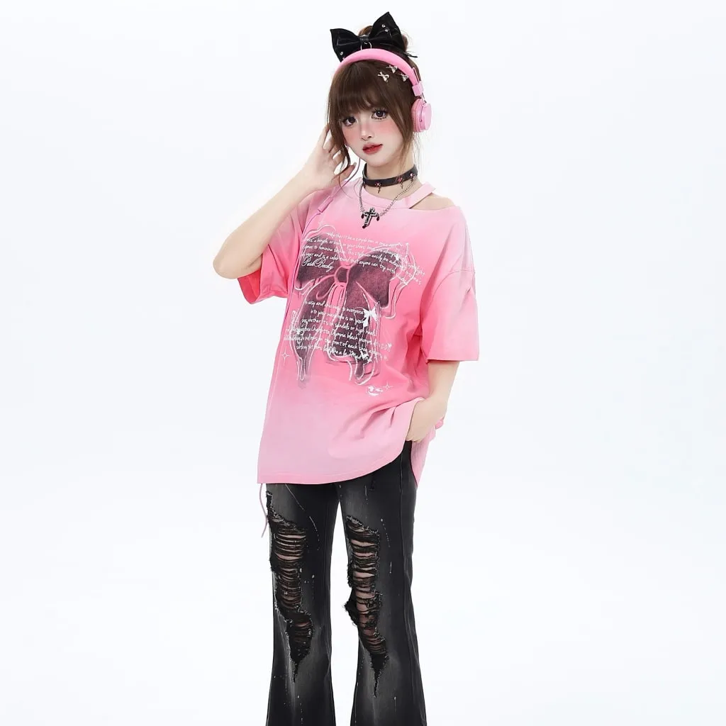 Summer Sweet Dopamine Style Pink Bow Print T-shirt