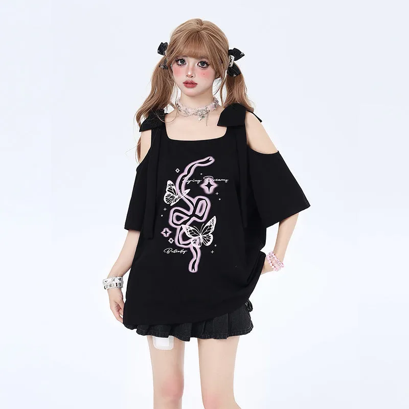 Sweet Girly Style Bow Off-Shoulder T-Shirt