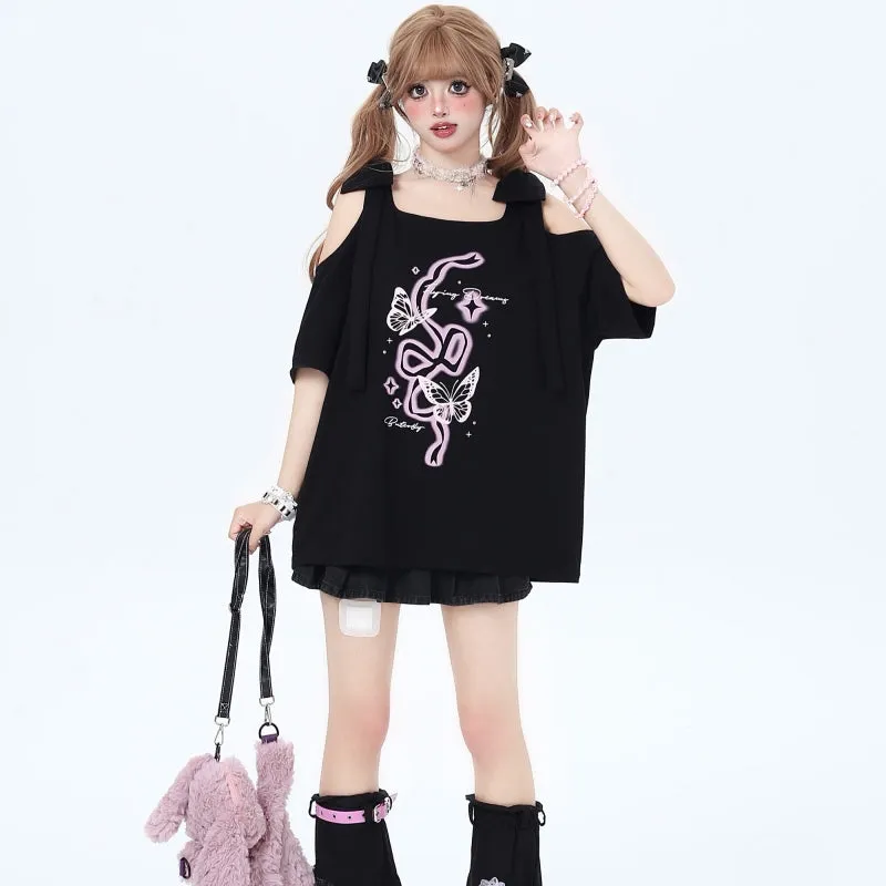 Sweet Girly Style Bow Off-Shoulder T-Shirt
