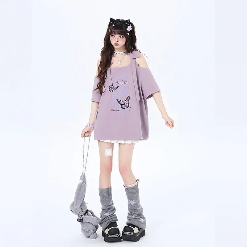 Sweet Girly Style Bow Off-Shoulder T-Shirt