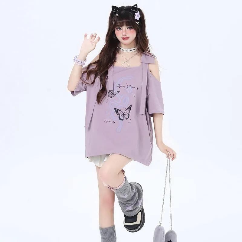 Sweet Girly Style Bow Off-Shoulder T-Shirt