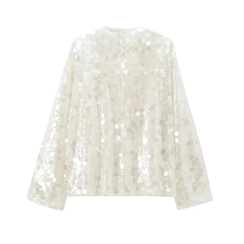 UAKISS  -  Ladies Sexy V Neck Lace Up Club Party Tops Autumn Fashion Sequin Patchwork Women's Blouses Casual High Street Solid Color Shirt
