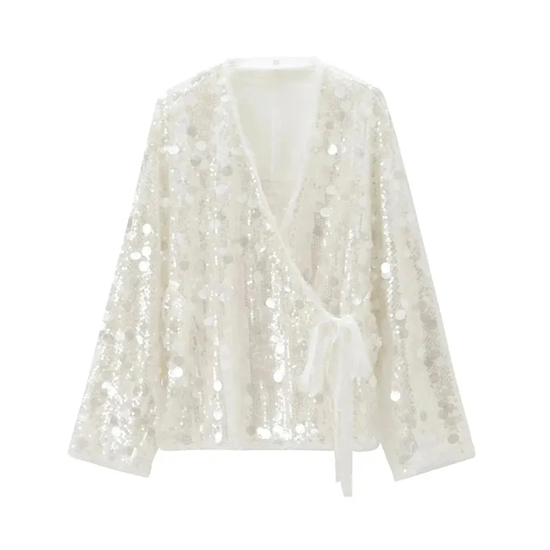 UAKISS  -  Ladies Sexy V Neck Lace Up Club Party Tops Autumn Fashion Sequin Patchwork Women's Blouses Casual High Street Solid Color Shirt