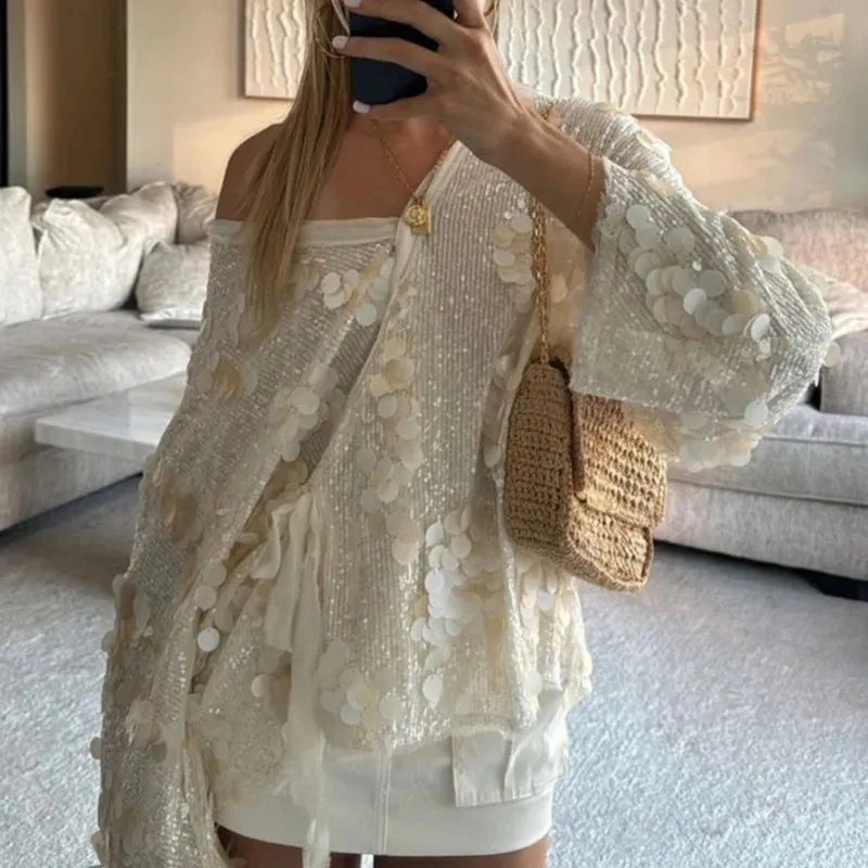 UAKISS  -  Ladies Sexy V Neck Lace Up Club Party Tops Autumn Fashion Sequin Patchwork Women's Blouses Casual High Street Solid Color Shirt