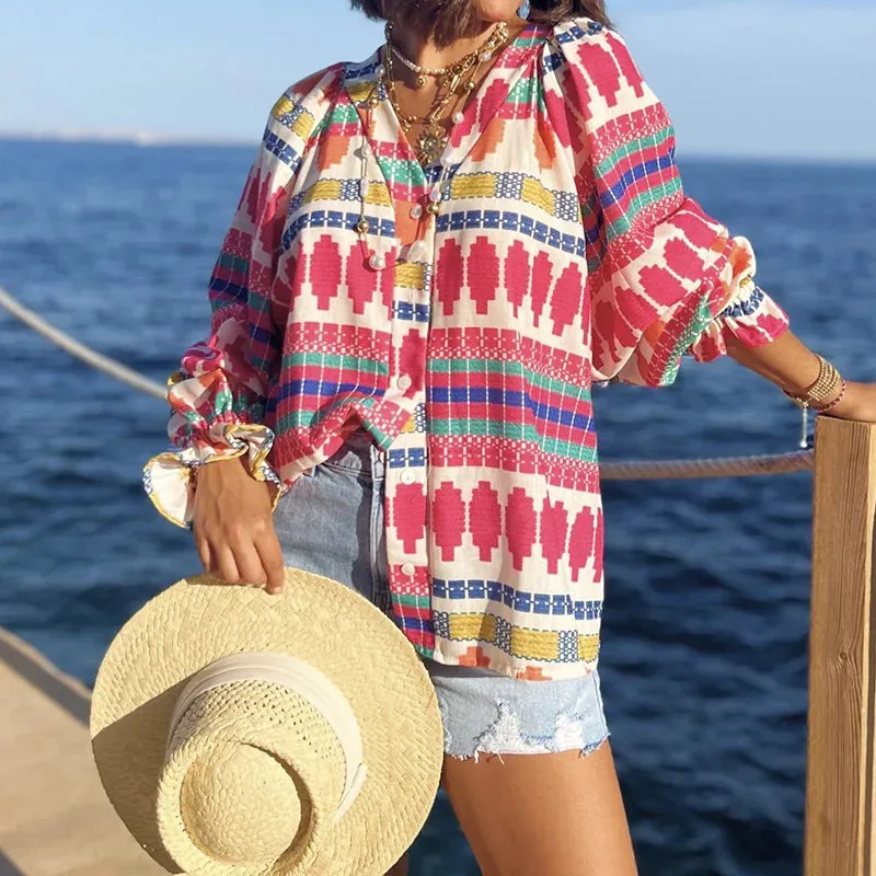 UAKISS  -  Single-Breasted Patchwork Loose Blouses, Women Spring Summer V-Neck Elegant Simple Top, 2024 New Long Flare Sleeve Ladies Shirts