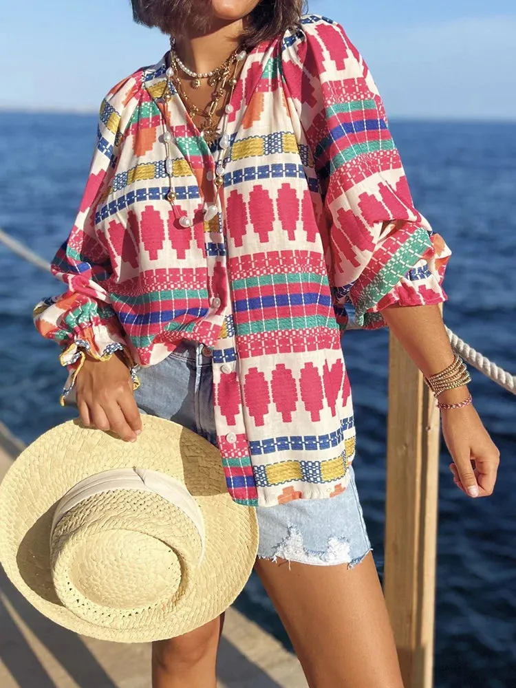 UAKISS  -  Single-Breasted Patchwork Loose Blouses, Women Spring Summer V-Neck Elegant Simple Top, 2024 New Long Flare Sleeve Ladies Shirts
