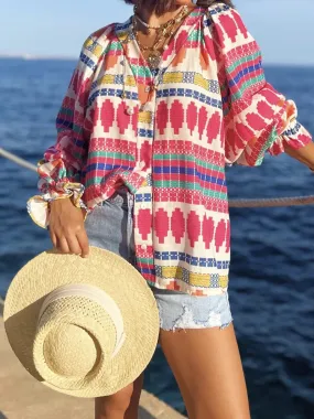 UAKISS  -  Single-Breasted Patchwork Loose Blouses, Women Spring Summer V-Neck Elegant Simple Top, 2024 New Long Flare Sleeve Ladies Shirts