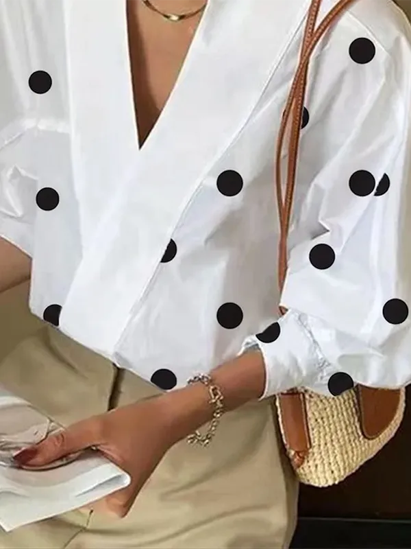 Womens Loose Puff Sleeves Polka-Dot Lapel Collar Blouse 119701 L