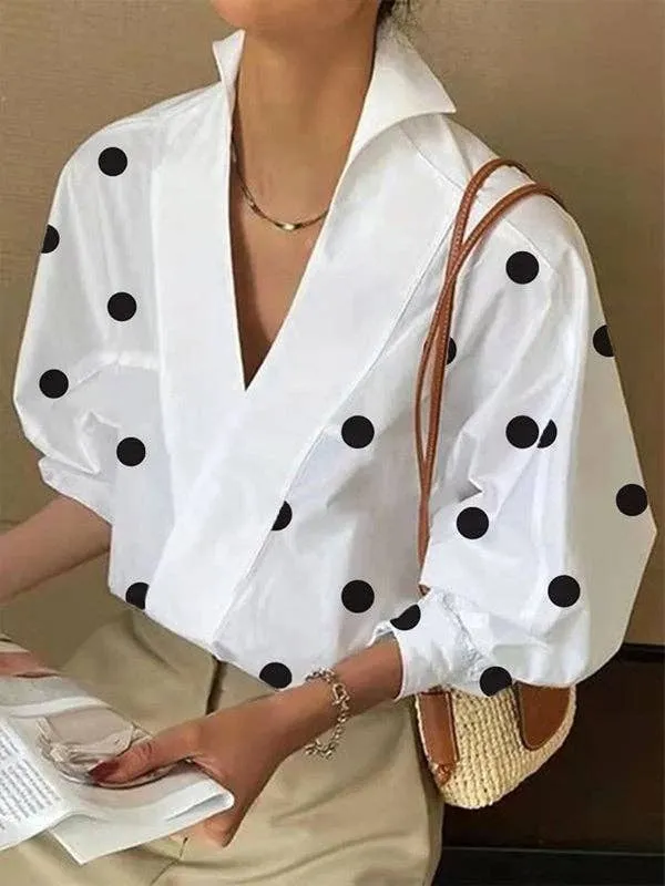 Womens Loose Puff Sleeves Polka-Dot Lapel Collar Blouse 119701 L