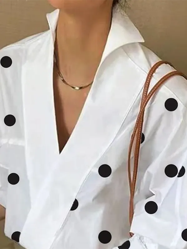 Womens Loose Puff Sleeves Polka-Dot Lapel Collar Blouse 119701 L